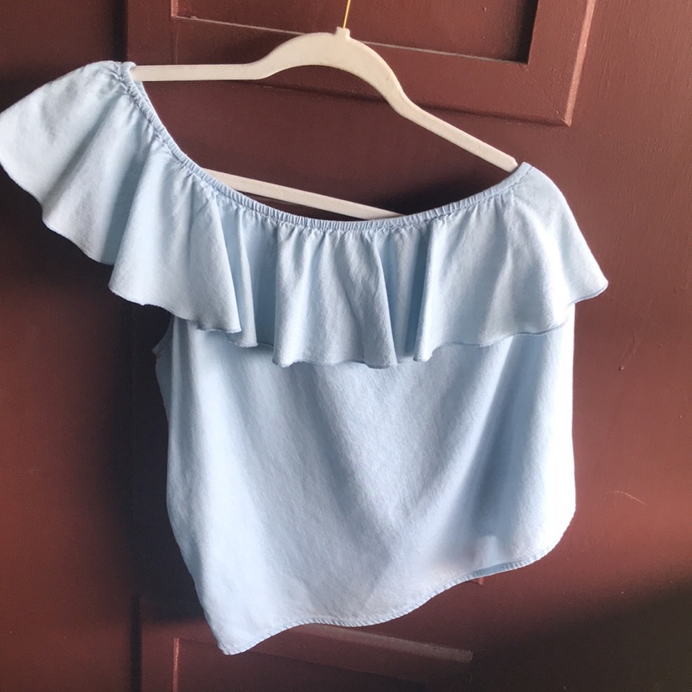 Light Blue Off-Shoulder Ruffle Top - Picture 3 of 7